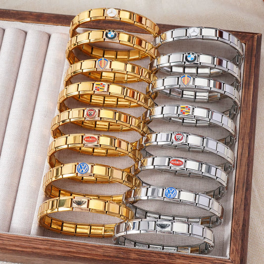Non Tarnish Luxury Car Brand Italian Link Charm Bracelet Stainless Steel Gold Silver Car Logo Italian Charms Bracelet