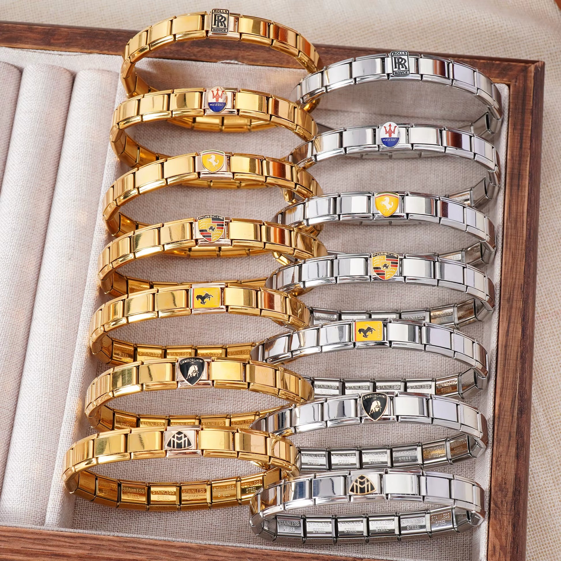 Non Tarnish Luxury Car Brand Italian Link Charm Bracelet Stainless Steel Gold Silver Car Logo Italian Charms Bracelet